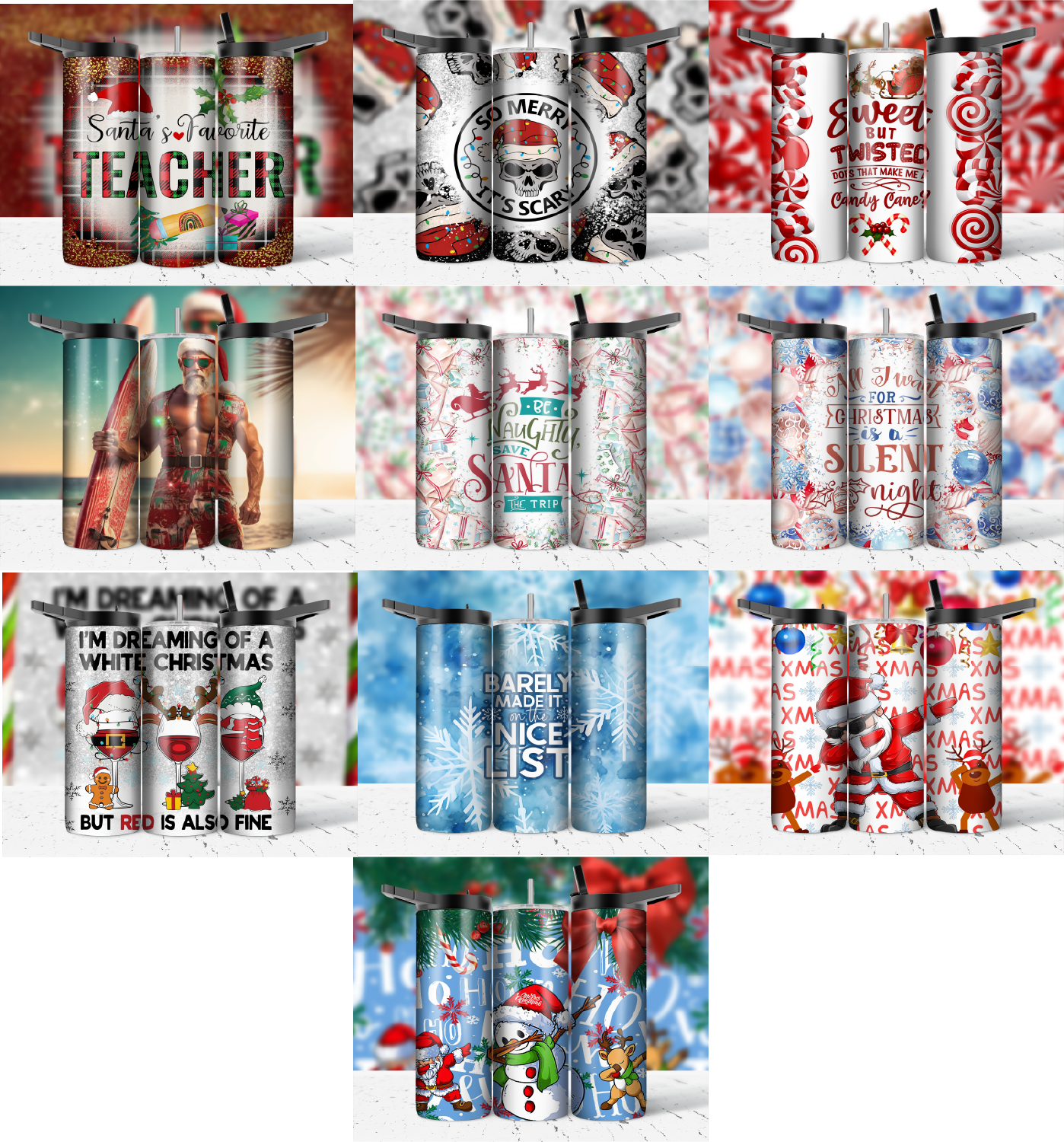 ASSORTED READY TO PRESS SUBLIMATION PRINTS FOR 20oz STRAIGHT SKINNY TUMBLERS (10 PACK) - CHRISTMAS 2