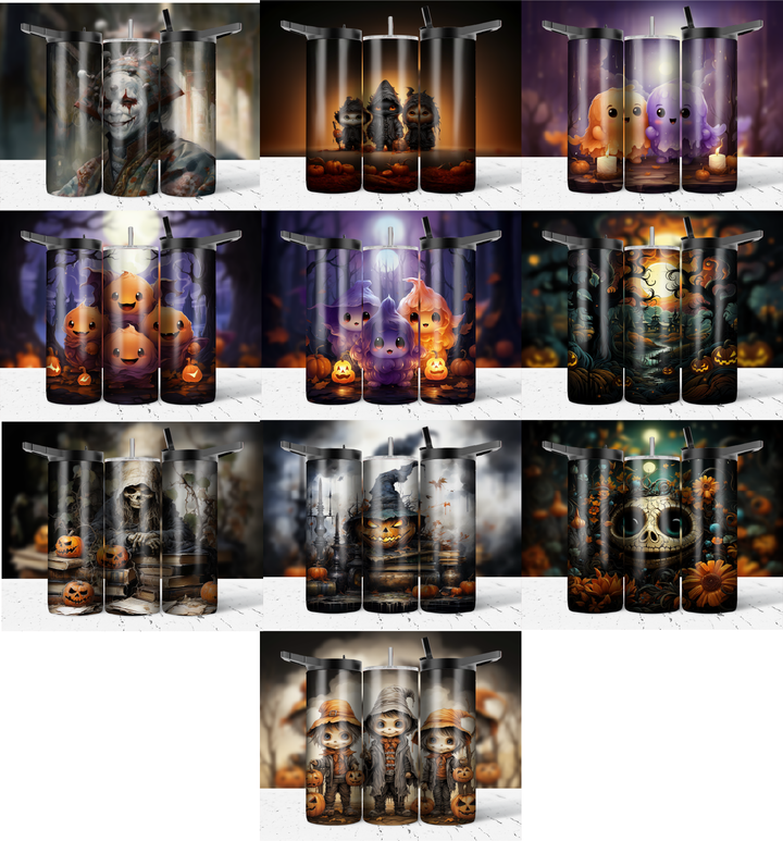 Assorted Ready to Press Sublimation Prints for 20oz Straight Skinny Tumblers (10 Pack) - Halloween