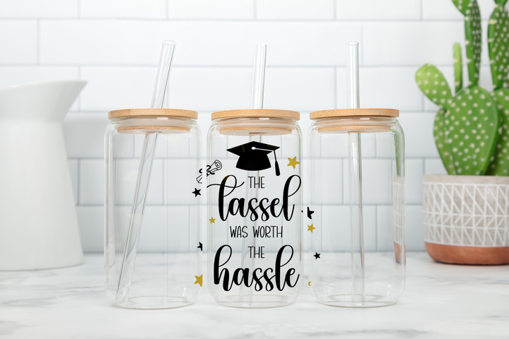 Digital Sublimation Designs - Graduation Glass Can Wrap — 12oz Glass Can — Tassel Worth the Hassle