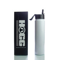A white 25oz sublimatable hydro handle bottle with a black hydro sport top including a handle and straw, displayed next to its black packaging box with the brand name 'HOGG' visible.